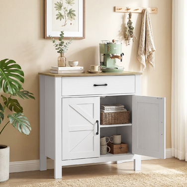 Буфет-шафа для вітальні/кухні в сільському стилі з розсувними дверцятами та регульованими полицями, білий колір