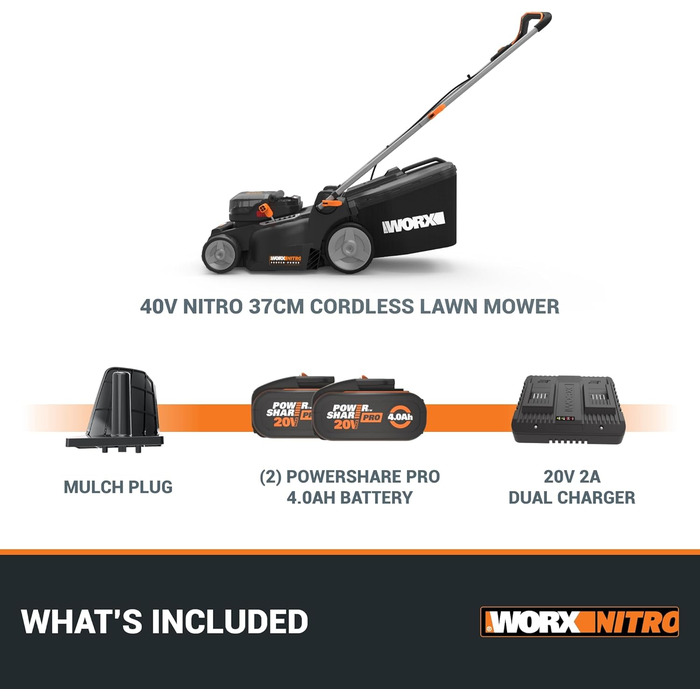 WORX WG749E акумуляторний газонокосарка 40V PowerShare з приводом на колеса, безщітковий двигун, ширина косіння 46 см, 7 положень висоти, з акумулятором та зарядним пристроєм, чорний (WG737E Nitro 40V 37 см)