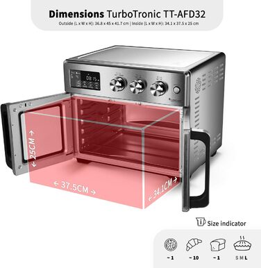 TurboTronic Міні-піч 4-в-1: Конвекційна піч, фритюрниця, дегідратор, гриль. Об'єм 32л, з поворотним шампуром та аксесуарами. Airfryer, піч для піци, міні-стіл (сріблястий)