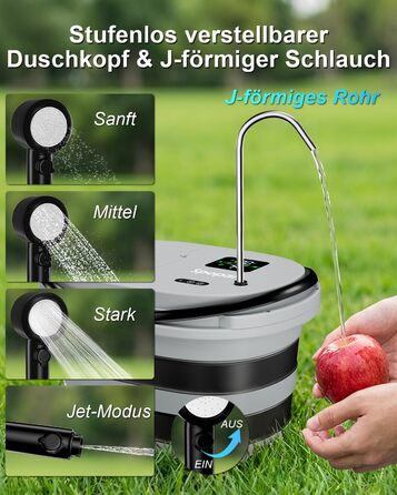 Campingdushe з насосом 20л, портативний душ з акумулятором 13000mAh, LED-індикатор, 5 режимів, для кемпінгу, подорожей, миття тварин