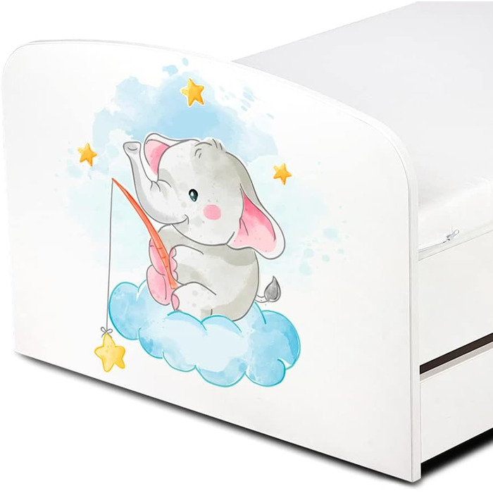 Дерев'яне ліжко Leomark з функціями для дітей - ліжко з матрацом, боковиками та ламелями, розмір спального місця 70/140 см, друк UV (Дитячий слон)