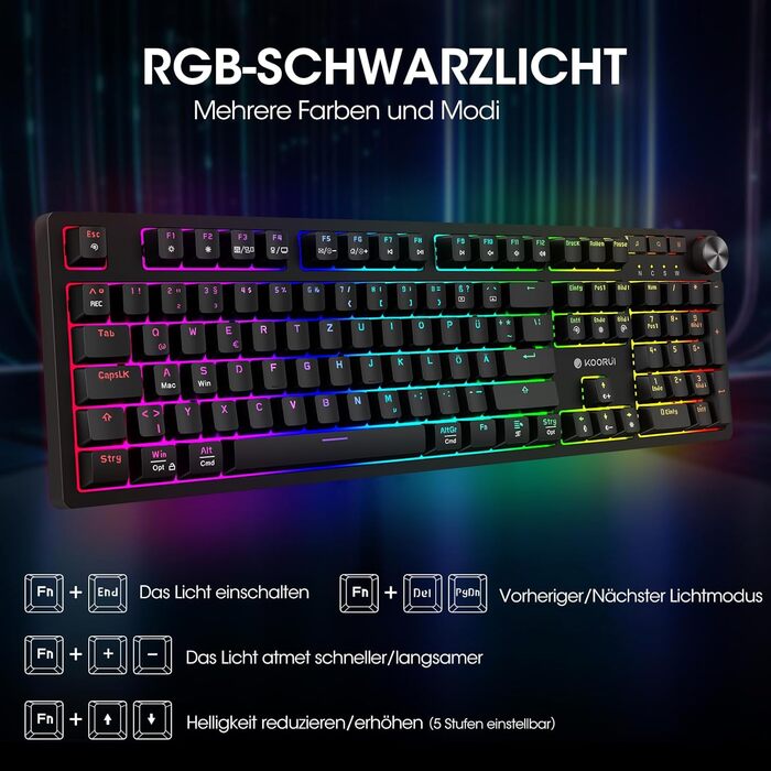 Механічна клавіатура KOORUI для геймінгу: бездротова/провідна/Bluetooth, 82 клавіші, QWERTZ (німецька розкладка), 4000mAh, коричневий перемикач, сумісна з Windows/MacOS/Linux