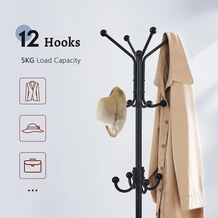 Настінна/підлогова вішалка для одягу FAVOOSTY з підставкою для парасольки, 12 гачків, срібна/чорна