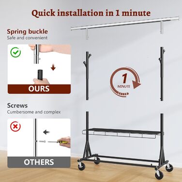 Стійка для одягу на колесах FAVOOOSTY, металева, мобільна, до 200 кг, чорна, 1 перекладина