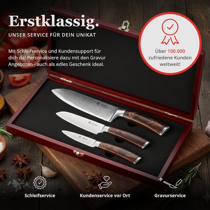 Набір кухонних ножів Wakoli EDIB 3 шт. з дамаської сталі (серцевина VG10) у дерев'яній подарунковій коробці – гострі та ергономічні – набір дамаських ножів з ручками з паккавуда