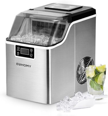 Машина для приготування льоду EUHOMY з нержавіючої сталі, 24 кубики за 13 хвилин, 24 кг/24 год, самоочисна, 3.2 л, з лопаткою та кошиком для дому/кухні/офісу/бару/RV, срібна