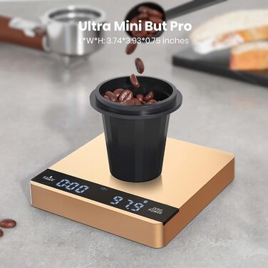 Ваги для кави Maestri House Mini з таймером, 2 кг/0,1 г, для еспресо та Pour-Over, портативні, цифрові, з автоматичним вимірюванням часу (Золото)
