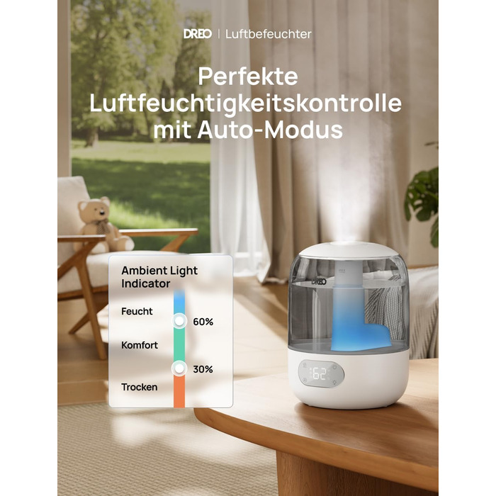 Зволожувач повітря Dreo для спальні, ультразвуковий холодний туман, 30 годин роботи, 3л резервуар, датчик вологості, нічник для дітей, кімнатних рослин та дому (Сірий)
