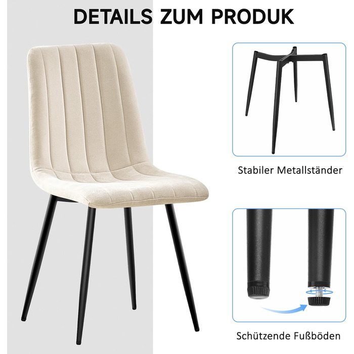 Набір обідніх стільців для вітальні/кухні, тканина льон, м'які стільці на металевих ніжках, колір хакі (8, бежеві вертикальні смуги)