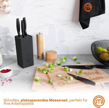 Набір ножів MasterChef 5-ти частинний: поварський, хлібний, для овочів, сантоку та універсальний, з нержавіючої сталі, чорний, з м'якими ручками