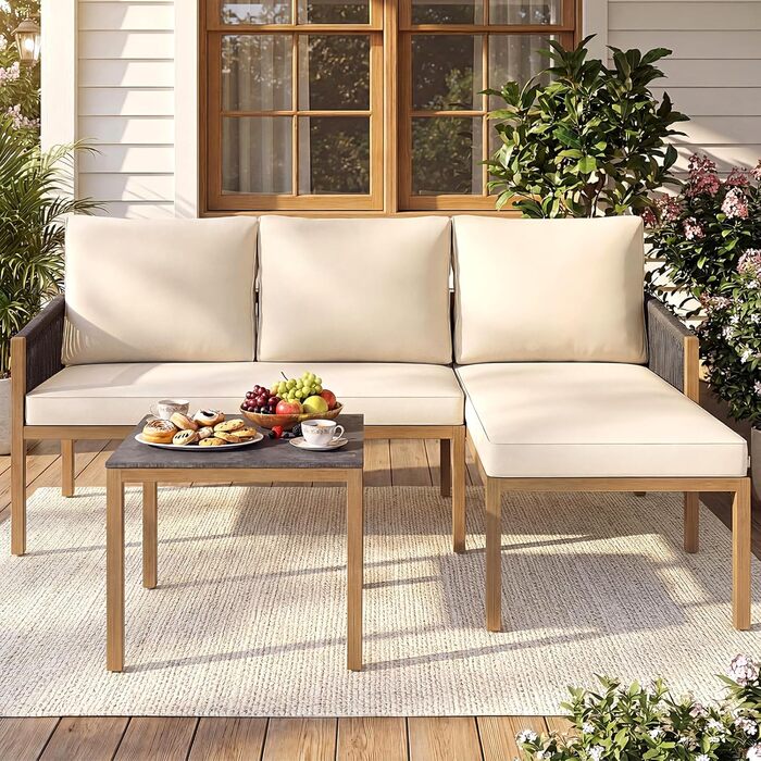 Садовий набір меблів з ротангу COSTWAY: Лаунж-комплект з столом та подушками для саду, балкону, тераси (Бежевий)