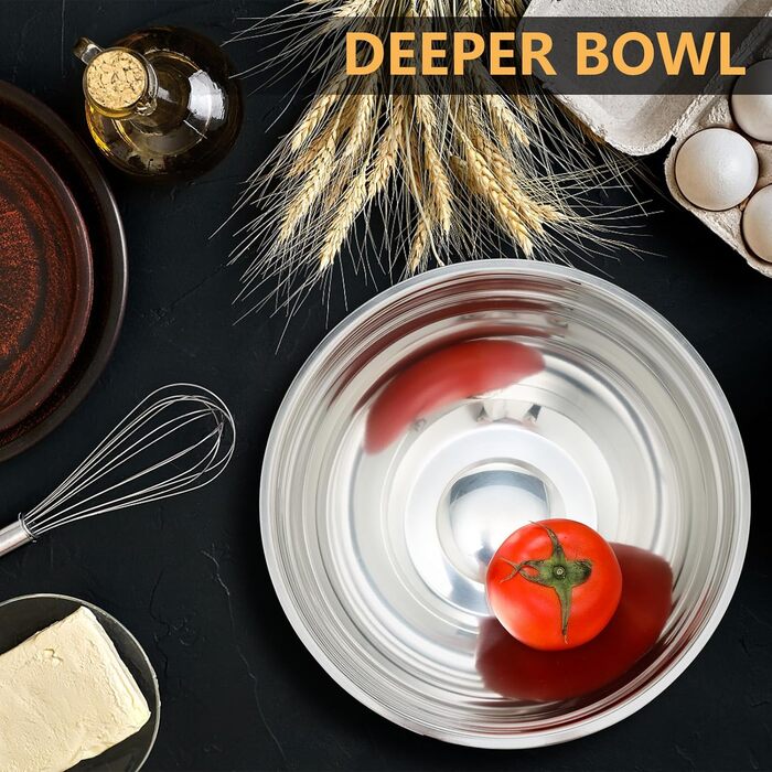 Набір місок для перемішування Hunnycook, 7 шт., нержавіюча сталь, з кришкою, для салатів, миття в посудомийній машині, 5L, 4.5L, 4L, 2.4L, 1.7L, 1.25L, 0.8L, сріблястий