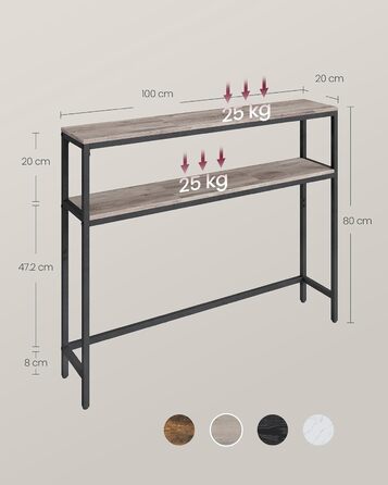 Консоль VASAGLE - вузький столик для вітальні/коридору з 2 полицями, 20 x 100 x 80 см, сіро-чорний, LNT131B22