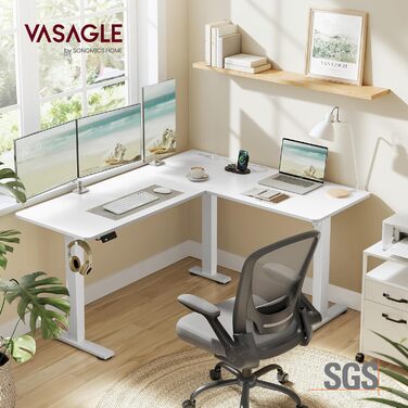 Електричний кутовий стіл VASAGLE з регулюванням висоти, 140 x 160 см, з підзарядкою, пам'ять висоти (2 положення), для офісу, білий (вохрений + матовий)
