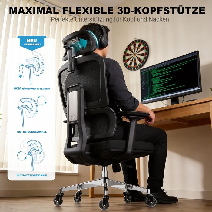 Ергономічне офісне крісло 200 кг | Регульована спинка 6P | 4D підлокітники | Безшумні гумові колеса | Регулювання глибини сидіння | Крісло для великих людей | Перевірено EN12520 | Пінощільність 45