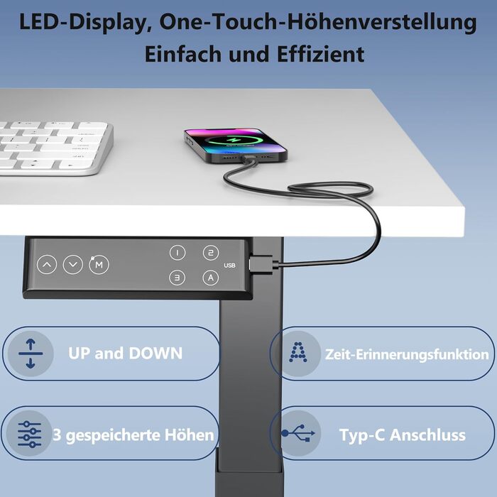 Електричний регульований стіл ALLDREI з 2 моторами, Type-C порт, 4 пам'яті, телескопічна ніжка (білий)