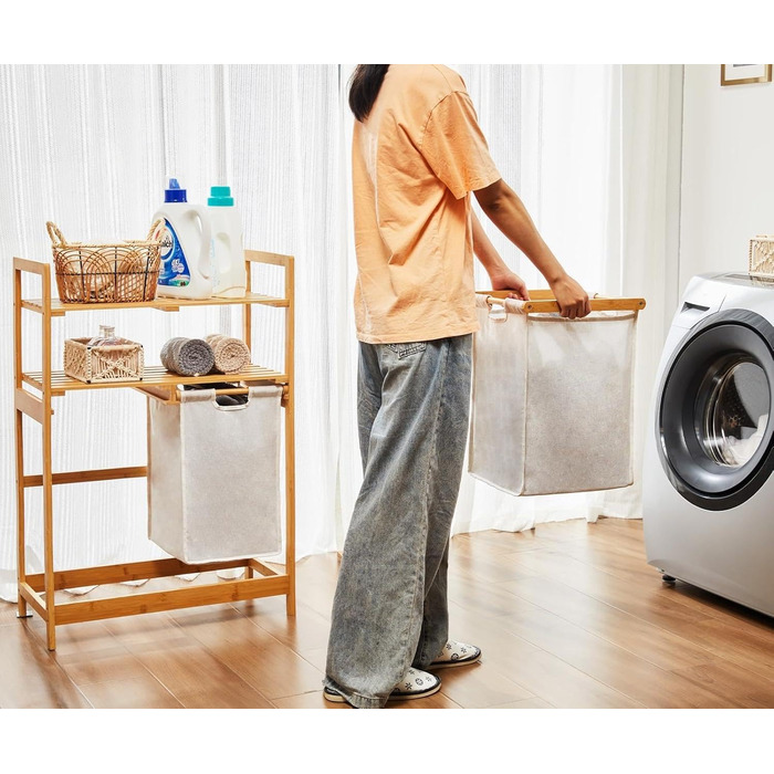 Кошик для білизни YOUDENOVA з бамбукового каркасу, 2 відділення, 2 висувні мішки для білизни, 93x64x33 см, слонова кістка, 70 л