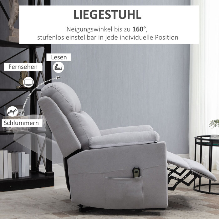 Крісло з електричною відкидною спинкою HOMCOM для літніх людей, льон Touch Light Grey 83 x 89 x 102 см, зручний допоміжний засіб для стоячи