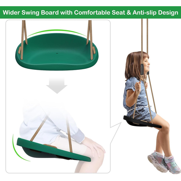 Шоукель для дітей BeneLabel: ідеально для дому та саду. Міцний гумовий сидіння, регульоване мотузка 130-200см, 113кг. Набір 2 шт. Зелений колір.