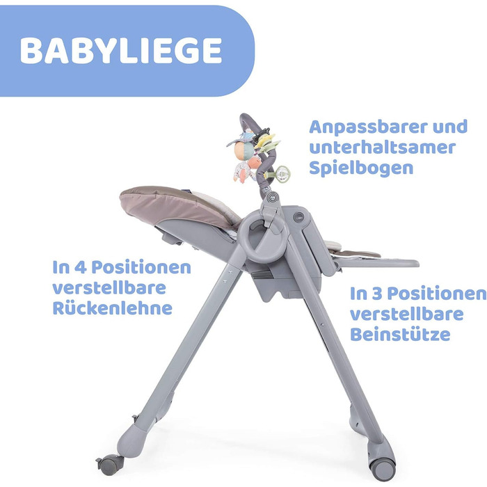 Високий стільчик Chicco Polly Magic Relax з іграшковим центром та зменшувачем для новонароджених, 8 положень по висоті, 4 колеса, Made in Italy