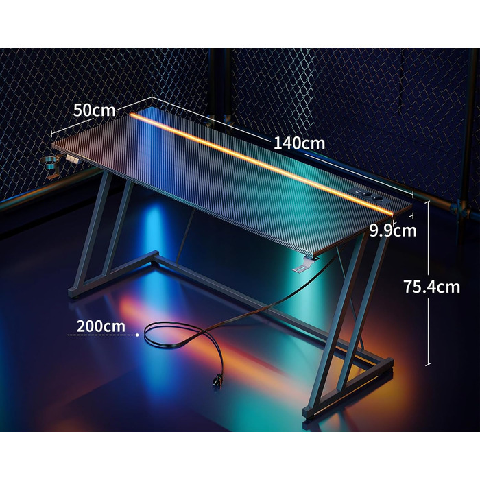 Ігровий стіл ODK зі світлодіодом, розетка, тримач для чашки, гачок для навушників, подвійна рама Z, вуглецеве волокно, 140 см