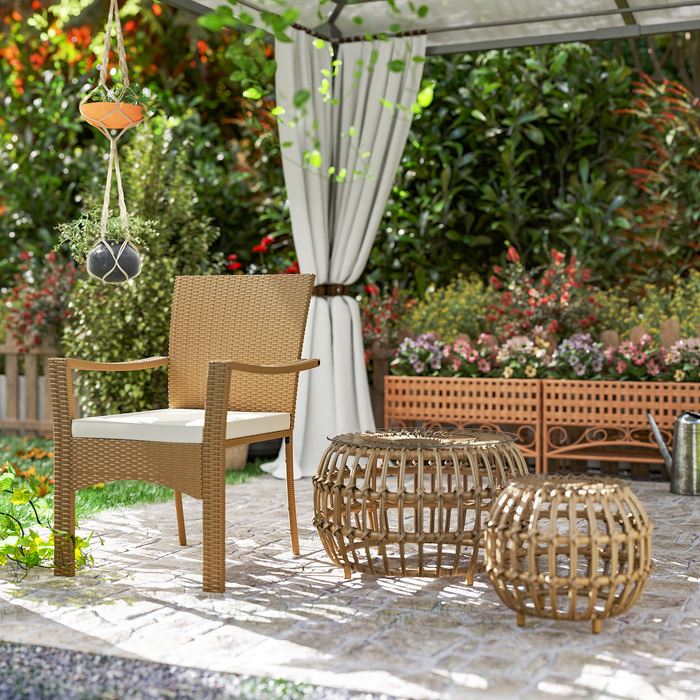 Outsunny Набір з 2 бічних столів Poly Rattan Ø66/42 см Круглий стійкий до погодних умов садовий стіл зі скляною стільницею Відкритий балконний столик Журнальний столик Садові меблі для саду, балкон коричневий