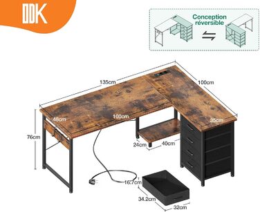 Подібний письмовий стіл ODK з висувними ящиками, розетками та USB, двосторонній, 135100 см, вінтажний коричневий