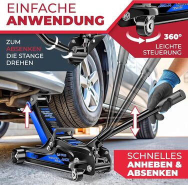 Гідравлічний домкрат MASKO 3T з низьким профілем (85-460 мм) для авто, SUV. З гумовими накладками, роликами 360°, рукавичками. Підставка для ремонту, синій.