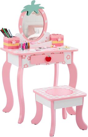 Дитячий туалетний столик LEADZM з пуфом для дівчаток, з шухлядою та двома 180° відкидними дзеркалами, для дітей 3-9 років (білий та рожевий)