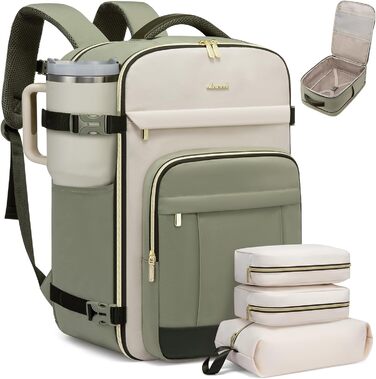 LOVEVOOK Рюкзак ручної поклажі, 40L, для подорожей, дамський, водонепроникний, для ноутбука 17 дюймів, кофр-рюкзак, для роботи, ділових поїздок, Weekender, оливково-зелений, світло-бежевий, оливково-зелений