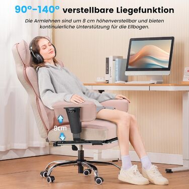 Ігровий крісло COMHOMA з регульованими підлокітниками, підтримкою попереку з кишеньковим пружинним блоком, широке сидіння, 150 кг, рожевий