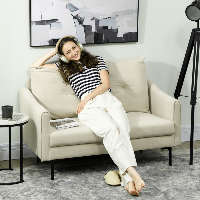 Диван HOMCOM на 2 місця з м'яким оновленням з піни та тканинною оббивкою, ідеально підходить для вітальні, спальні, з металевим каркасом, кремово-білий