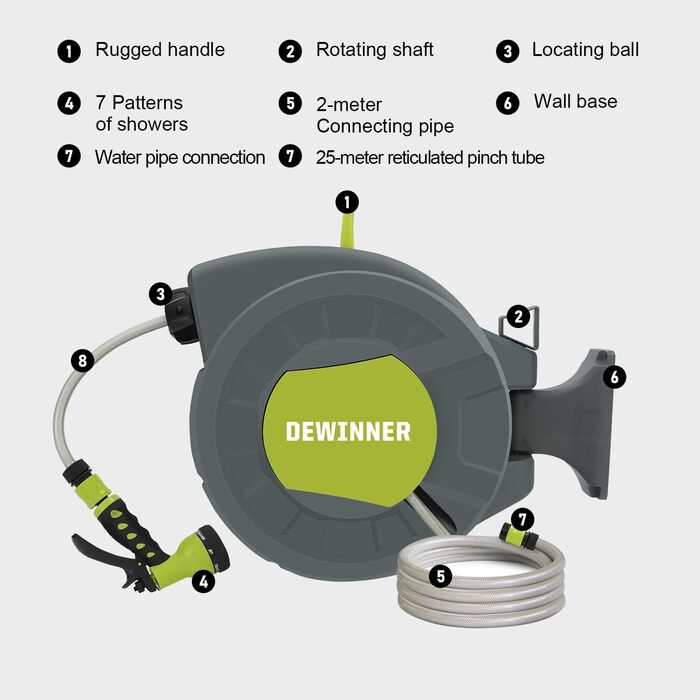 DEWINNER Тромбель для садового шланга 20+2 м, автоматичний, настінний, з ручною пістолетом, 7 функцій, для великих садів