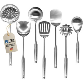 Набір кухонних помічників 7 шт. з нержавіючої сталі - високоякісні кухонні аксесуари для вока та кухні (ложка для подачі, шумовка, лопатка, лопатка для риби, половник, ложка для спагеті, лопатка для вока)