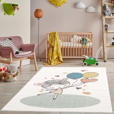 Дитячий килимок pay-кремовий-140x200 см-килимок для ігор з повітряною кулькою, сердечком, веселою дівчинкою, дитячий килим з коротким ворсом-Oeko-Tex стандарт 100 (80 x 150 см)