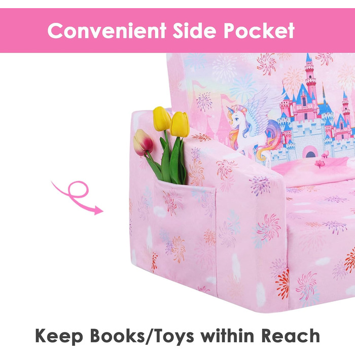 Дитяче крісло-диван 2 в 1 з кишенькою та антиковзаючим подушкою, розкладне, для спальні, вітальні, ігрової кімнати (Принцеса)