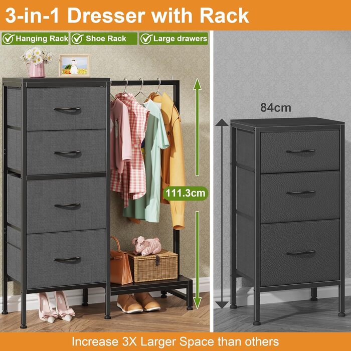 Комод 111 см з 4 висувними ящиками з тканини, шафа для одягу, комод для спальні, вітальні, передпокою, сірий (30T x 76.5B x 111H см)