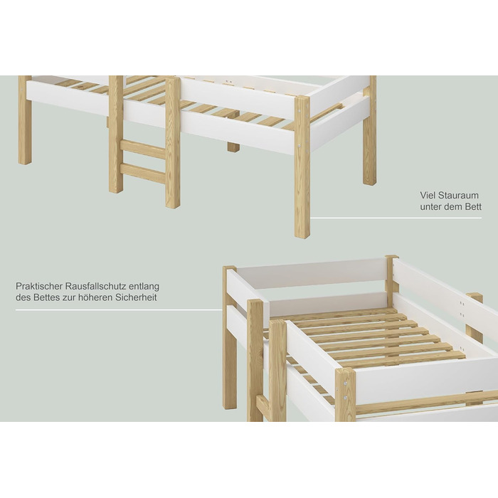 Дитяче ліжечко Bellabino Aspy із захистом від падіння, ліжко-горище біле з рейковим каркасом та 2 висувними ящиками, половина високого ліжка з місцем для зберігання натуральний/білий, ліжко-горище 90х200 см (біле без висувних ящиків)