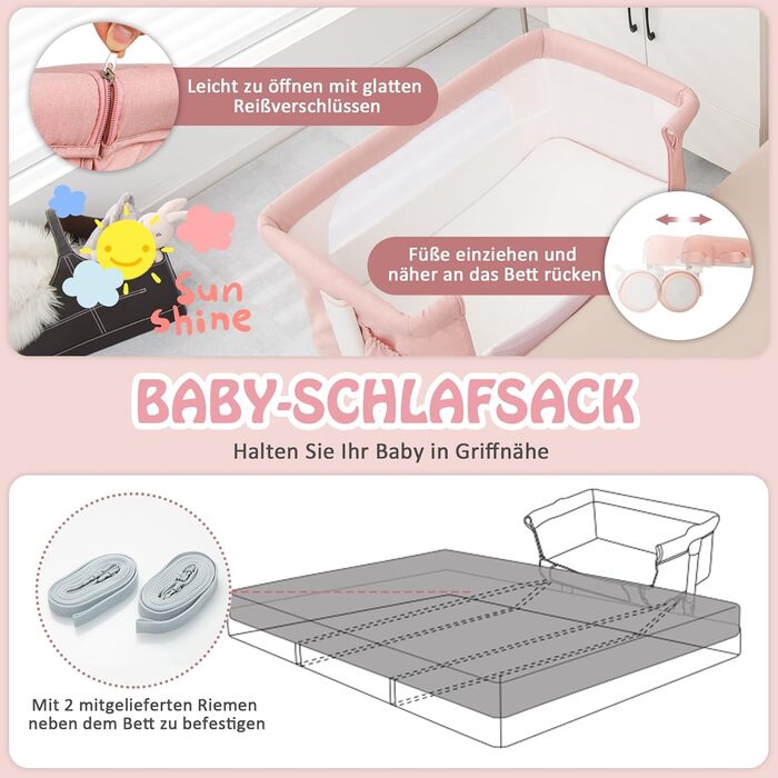 Дитяче ліжко-гойдалка Dreamade 2 в 1 з регулюванням висоти, 86 x 63 см, рожеве, від народження до 9 кг, з матрацом та колесами