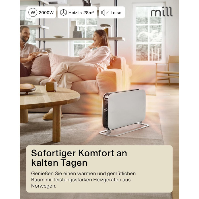 Електричний конвекторний обігрівач Mill 2200W - для кімнат 24-28 м², з таймером, білий