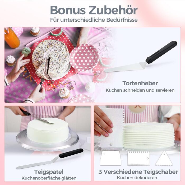 Ohuhu Поворотна платформа для тортів, 30 см, алюмінієвий сплав, 2 шпателі та 3 скребки, для декорування тортів та випічки, подарунок для кондитерів (Рожевий)