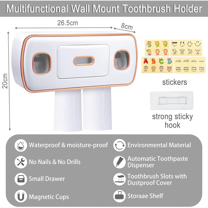 Настінний тримач для зубних щіток Frasheng з віджималками для зубної пасти, магнітними чашками, отворами для зубних щіток, ящиком, відсіком для зберігання, без свердління