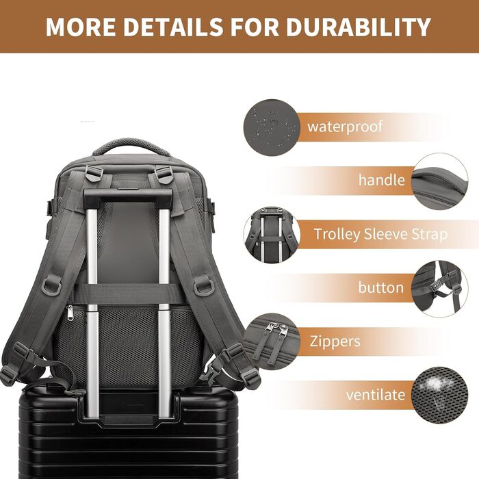 Рюкзак KONO для ручної поклажі 42x30x20, 25L, з відділом для ноутбука, сірий, для подорожей та спорту