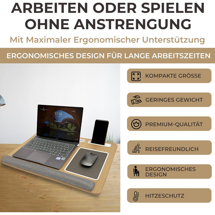 Підставка для ноутбука в ліжко та диван з подушкою, тримач для телефону та підставка для зап'ястя – підходить для ноутбуків до 17' – легка та комфортна для офісу, навчання та відпочинку (Сіра)