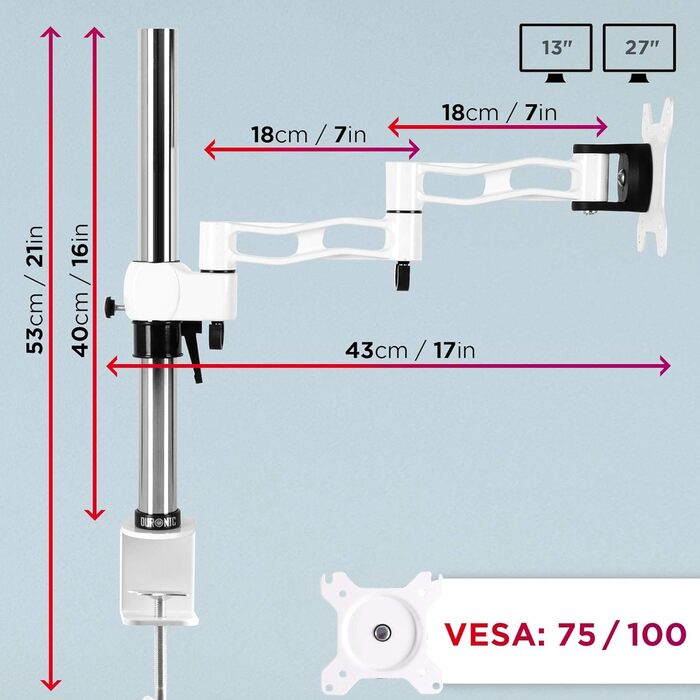Підставка для двох моніторів Duronic DM35V2X1 | Регульована, гнучка, VESA 75/100 | Для офісу та дому