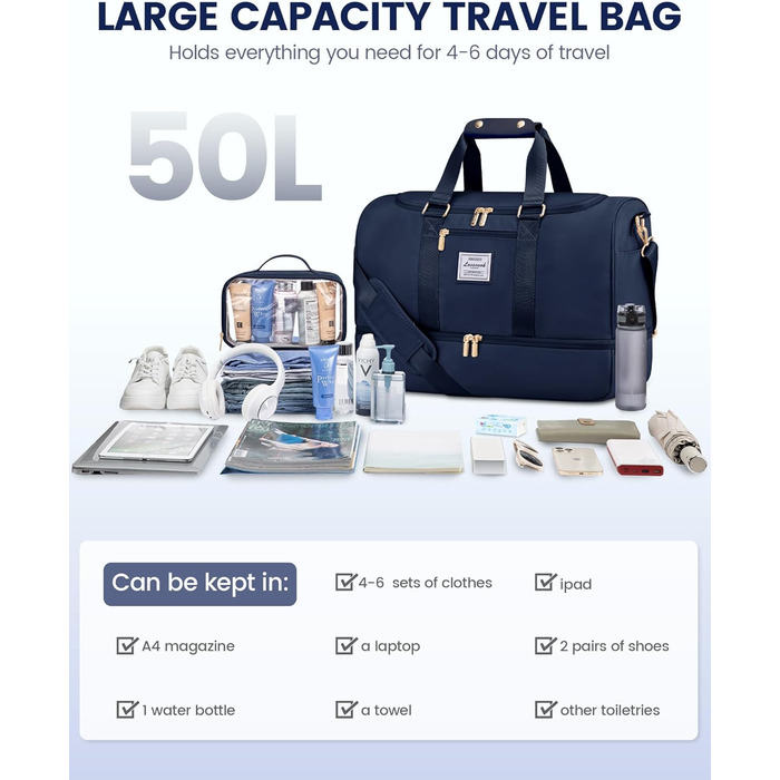 Спортивна сумка LOVEVOOK: дорожня/пляжна сумка, weekender, з кишенями для взуття та мокрого одягу, водонепроникна, для подорожей, відпочинку, спорту, зелена (L, синя)