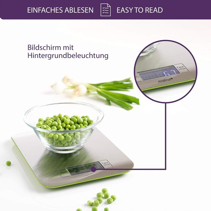 Кухонні ваги Mastrad - Зважування до грама до 5 кг - дуже плоскі та легкі ваги - міцна поверхня - функція тари для зважування декількох інгредієнтів одночасно (зелений)