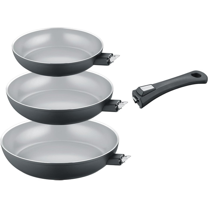 Набір сковорідок Berndes b.perfect (3 шт.) - універсальні сковороди 24 та 28 см з знімним ручками, антипригарне покриття без PFAS, підходить для всіх типів плит, чорний