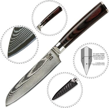 Ніж Santoku ZEUß Damast (24 см) - професійний кухонний ніж з дамаської сталі 67 шарів, з точильним каменем, дерев'яною ручкою та захистом леза, подарункова коробка