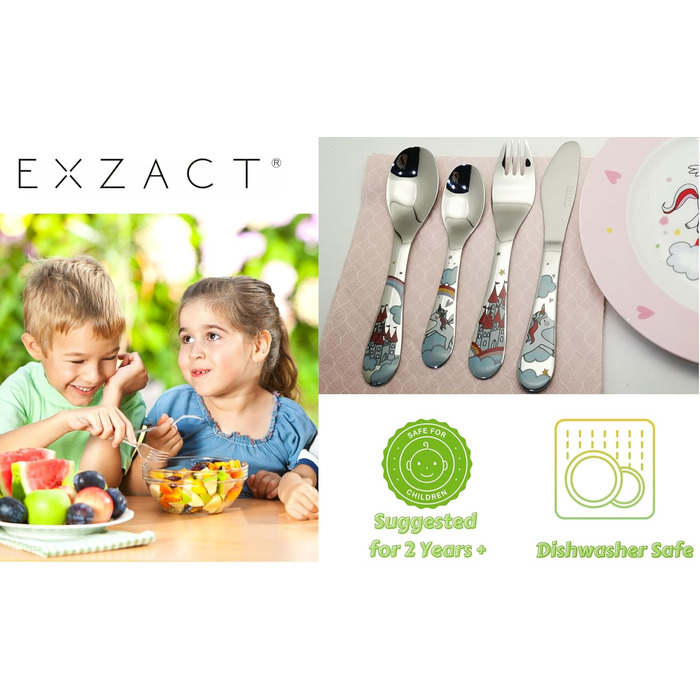 Набір столових приборів Exzact 6 шт. з нержавіючої сталі - дитячий посуд: тарілка, миска, ложка, виделка, ніж, столова ложка. Подарункова коробка (Wf712-4uni)